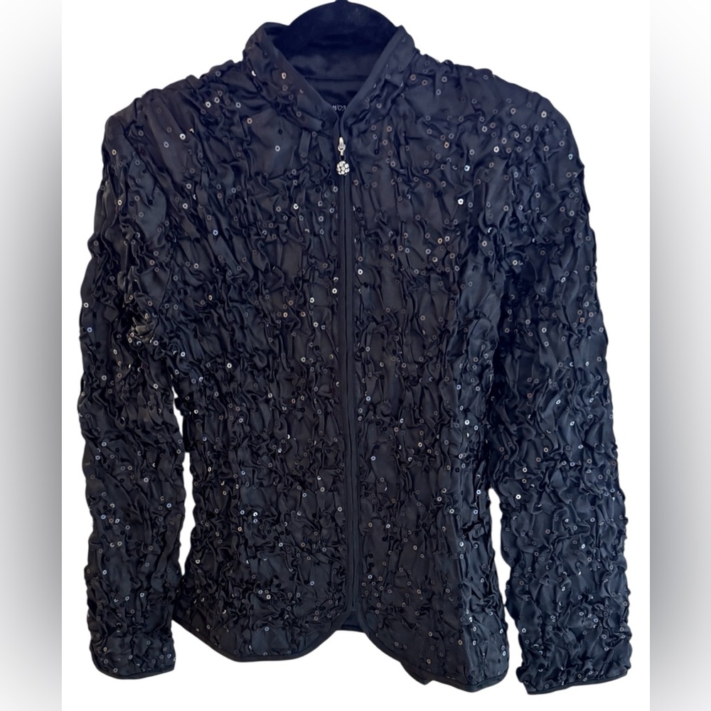 ADRESSING WOMAN Jacket Womens Small Black Sequin Ruched Zip Up Evening Party